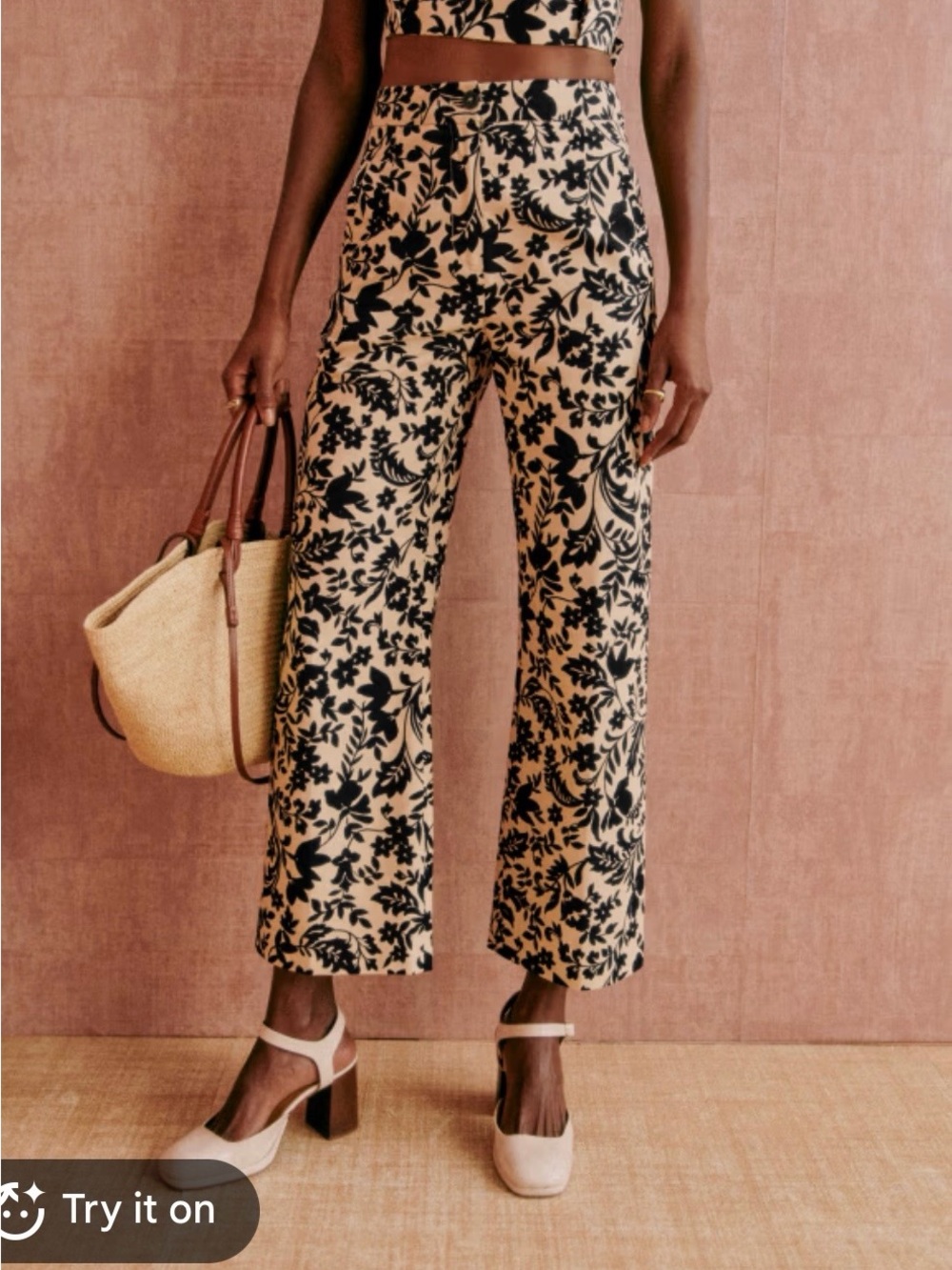Sezane Black & White Floral Cropped Wide-Leg Pants